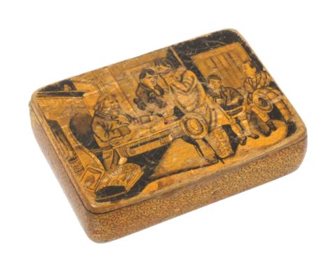 A Scottish sycamore snuff box, with wooden hinge, decorated in penwork, the lid with room interior and figures, 'The Twa Dogs