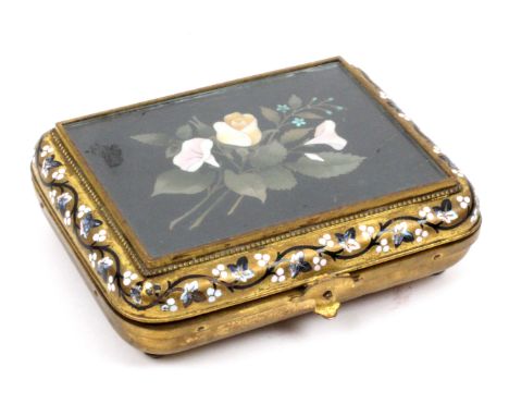 A gilt metal, enamel and pietra dura necessaire, probably English, circa 1850, of rounded corner rectangular form on turned f