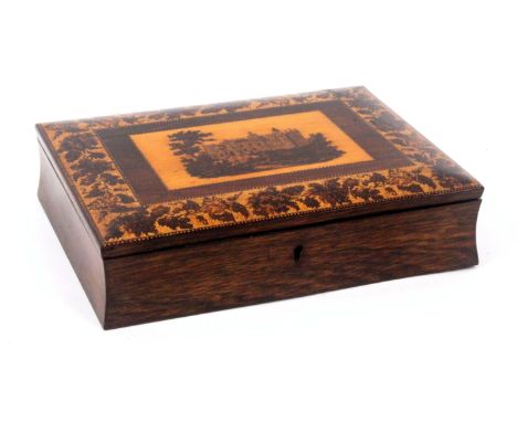 A rosewood Tunbridge ware writing box, of rectangular form with concave sides, the cushion lid with an inset mosaic view of A