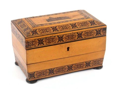 A satinwood Tunbridge ware tea caddy, of sarcophagol form, the sides with two bands of narrow geometric mosaic (some filling 