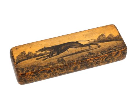 A fine Scottish sycamore snuff or tooth pick box, of slender rectangular form, wooden hinge, decorated in penwork, the lid wi