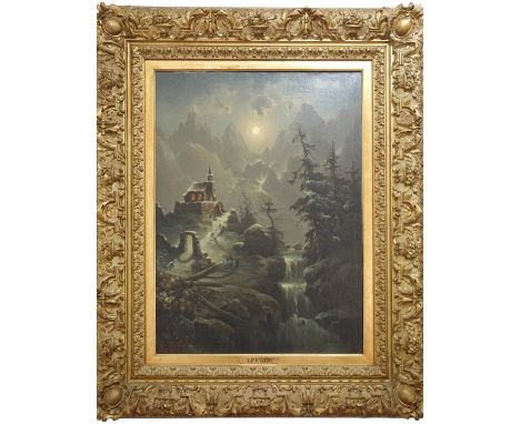 {Anton Pickert. 1876 - 1941.} Sign. Vollmond über verschneiter Alpenlandschaft mit erleuchtetem Bergkirchlein am Heiligen Abe