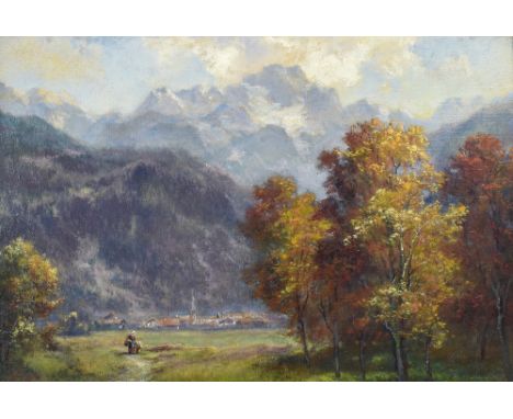 {Ludwig Correggio. 1846 - München - 1930.} Sign. Oberbayerische Landschaft mit Gebirgshintergrund. Öl/Lwd. 32 x 48 cm. R