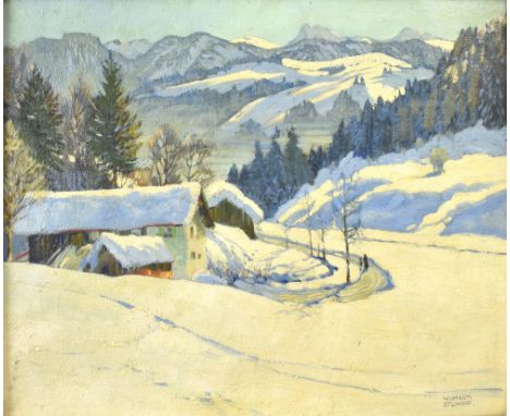 {Wilhelm Stumpf. 1873 Weimar - 1926 Oberstaufen.} Sign. Verso bet. "Klarer Wintermorgen Oberstaufen". Öl/Lwd. 50 x 59,5 cm. R