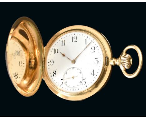 {Feine IWC-Goldsavonnette.} 14 ct. Glattes Gehäuse. Frontdeckel mit Monogramm "W". Emailzifferblatt. Goldcuvette. Präzisions-