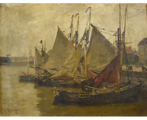 {Julius Ludwig Friedrich Runge. 1843 Röbel/Müritz - 1922 Lindau.} Sign. Hafenansicht mit Segelbooten. Öl/Lwd. 34 x 45,5 cm. R
