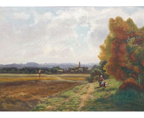 {Ludwig Correggio. 1846 - München - 1930.} Sign. Erntelandschaft, im Hintergrund Kirchdorf. Öl/Ktn. 27,5 x 37 cm. R