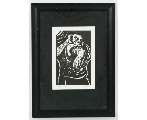 * PETER HOWSON OBE,
A HERO OF THE PEOPLE
woodcut, signed and numbered 26/40 in pencil
34.5cm x 23.5cm
Mounted, framed and und