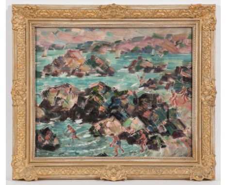 * JOHN MCCUTCHEON (SCOTTISH 1910 - 1995),
CHILDREN PLAYING IN THE ROCK POOLS
oil on canvas board
44cm x 53.5cm
Framed and und