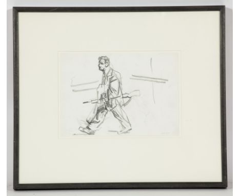 * PETER HOWSON OBE,
OFF TO WORK 1994
pencil on paper, signed
21cm x 29.5cm
Mounted, framed and under glass
Label verso:  Flow