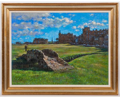 * JOHN MACKIE, 
THE SWILCAN BRIDGE
oil on canvas, signed and dated '04
75cm x 101cm
Framed
Note: The Swilcan Bridge, or Swilc