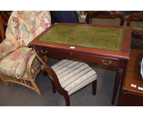 Reproduction single drawer writing table with leather inset top together with a mahogany dining/desk chair