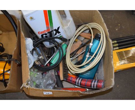 Quantity of assorted garage contents to include oils, brushes, hand tools etc