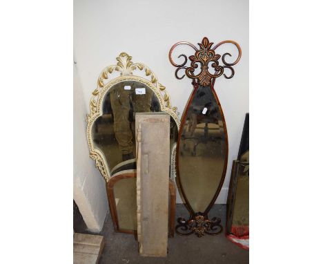 Three various framed wall mirrors together with a pine wall shelf