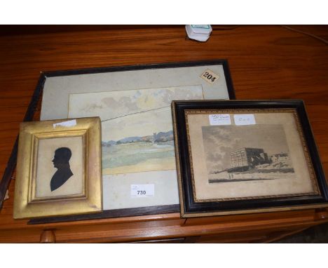 Wiveton Church from Cley Marsh, signed AP (Alfred Parsons), watercolour, framed together with a portrait silhouette, framed a