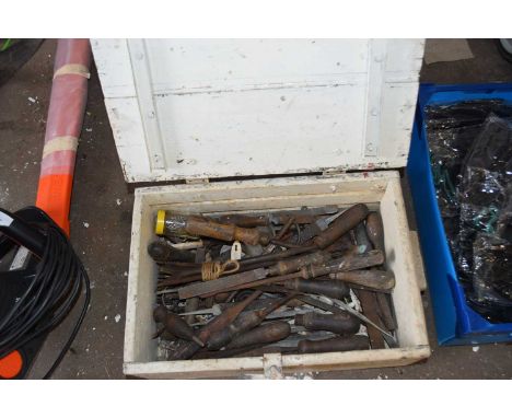 Cream painted tool box and an assortment of hand tools