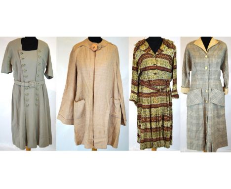 A collection of vintage ladies clothing, circa 1940-60 
To include a 1940s Jolo grey/green dress and jacket, a pink crepe dre