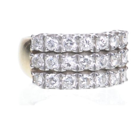 An 18ct yellow gold diamond dress ring
Set with twenty-one round cut diamonds in three rows, each diamond approx. 0.05cts, ri