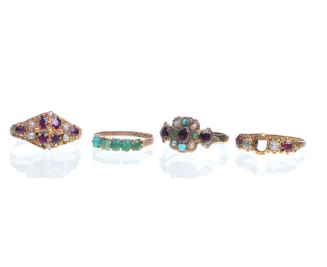 A collection of early/mid 19th century gem-set rings 
Of varying designs, to include; a foiled back purple stone and seed pea