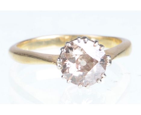A diamond solitaire ring
Centering an old brilliant-cut diamond, to a yellow metal shank, weight approximately 1.16ct, ring s