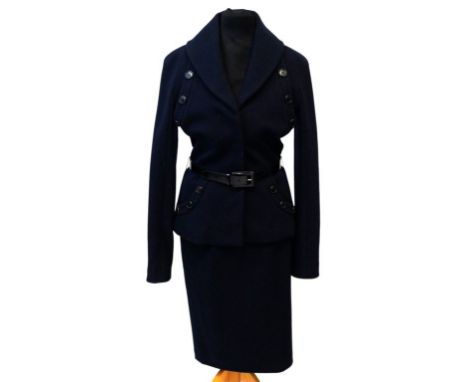 A Christian Dior ladies wool skirt suit 
The two piece dark navy blue suit, with pencil skirt and below waist single breast j