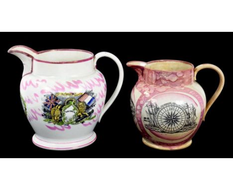 A SUNDERLAND LUSTRE JUG WITH THE SAILOR'S FAREWELL AND CRIMEA PRINTS FLANKING THE VERSE THE SUN IS UP..., 21CM H, MID 19TH C 