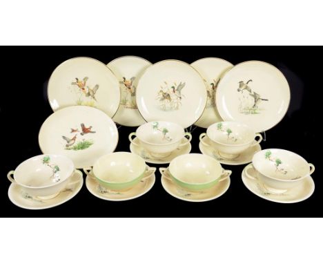 ROYAL DOULTON EARTHENWARE THE COPPICE PATTERN SET OF FOUR SOUP BOWLS AND SIX SAUCERS PRINTED MARKS, SECOND QUARTER 20TH C, ET