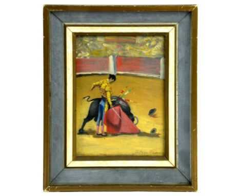 MENEDOS PEREZ AHUMADA - DEATH OF THE BULL, SIGNED, OIL ON PANEL, 16CM X 11.5CM