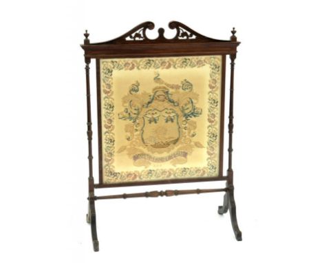 AN EARLY 20TY CENTURY   MAHOGANY  FIRESCREEN WITH ARMORIAL WOOLWORK AND IVORY TRADE LABEL OF lAMBERT 100 kNIGHTSBRIDGE, 100 X