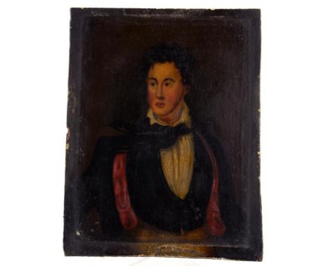 ENGLISH NAIVE COPYIST, 19TH CENTURY - PORTRAIT OF LORD BYRON, HALF LENGTH, OIL ON PANEL, 15CM X 12CM, UNFRAMED 