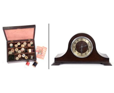 A VICTORIAN ROSEWOOD WORK BOX, WITH DIVIDED INTERIOR. 27CM W AND AN OAK MANTLE CLOCK WITH CHIMING MOVEMENT