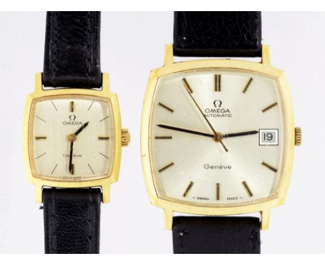 TWO OMEGA GOLD PLATED CUSHION SHAPED LADY'S AND GENTLEMAN'S WRISTWATCHES, THE FIRST SELF WINDING AND WITH DATE, BLACK LEATHER