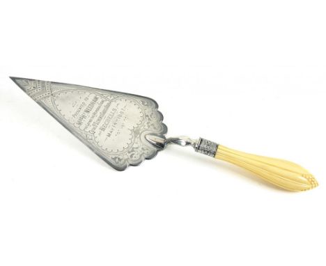 A VICTORIAN EPNS TROWEL, THE ENGRAVED INSCRIPTION DATED 1887, CARVED BONE HANDLE, 32CM L