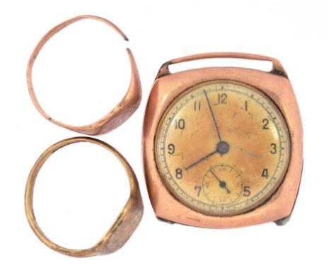 TWO 9CT GOLD SIGNET RINGS AND A 9CT GOLD CUSHION SHAPED GENTLEMAN'S WRISTWATCH, ALL WORN, DAMAGED OR REPAIRED, 21.8G GROSS