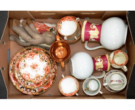 A STAFFORDSHIRE BONE CHINA JAPAN PATTERN TEA SERVICE, CIRCA 1900, A 19TH CENTURY COPPER LUSTRE LOVING CUP, 11.5CM H, ETC