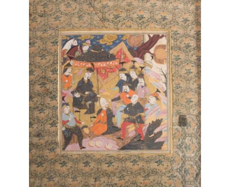  A late Safavid miniature depicting a battle camp framed with textileSafavid Iran, late 17th century Cm 15,50 x 17,00 22.00 %