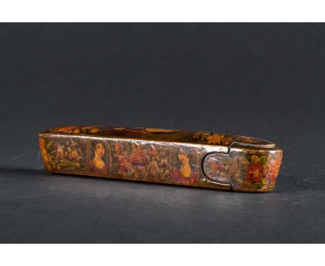  A Qajar papier machè qalamdan with female portraits Iran, Qajar dynasty, 19th century Cm 3,00 x 19,00 22.00 % buyer's premiu