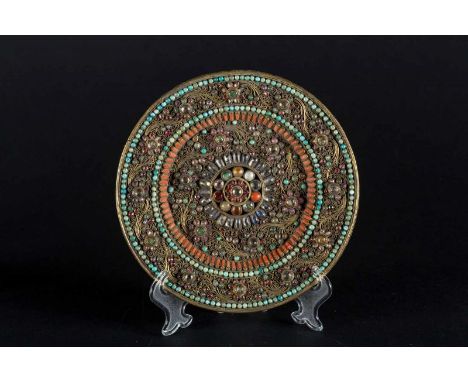  A silver and silver gilt temple dish encrusted with semi-precious stones Nepal, Rana period, 19th century Precious decorativ