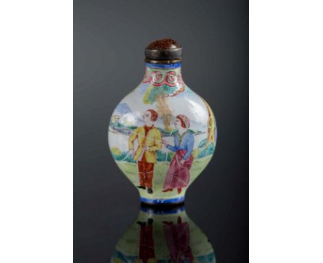  A copper enameled snuff bottle with European characters in landscape with a castle as a background and bearing a Qianlong ma