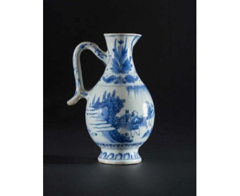  A blue and white ceramic ewer painted with with floral motif and characters in landscapeIran, Safavid dynasty, 17th century 