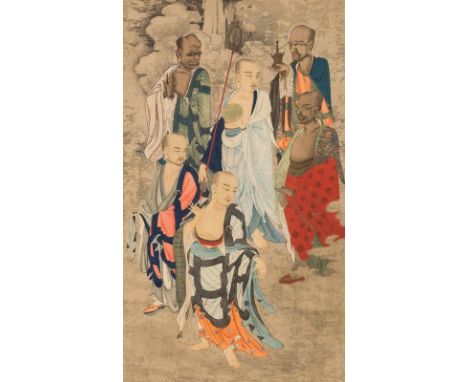  An ink and color painting on paper depicting six arhatChina, Qing dynasty, 19th century Cm 38,50 x 54,00 22.00 % buyer's pre