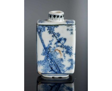  A blue and white porcelain snuff bottle decorated with landscapes, deers and inscriptions and bearing a Chenghua four charac