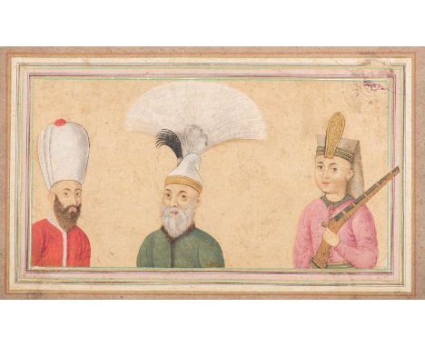  A miniature painting potraying three Ottoman dignitaries heightened with goldOttoman Turkey, 18th centuryCm 20,00 x 12,00 22