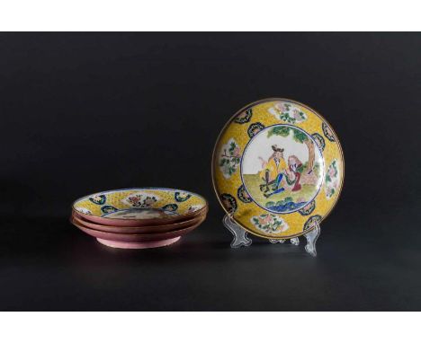  Set of four copper enamel dishes decorated with Europaen subjectChina, Qing dynasty, Yongzheng or Qianlong period, 18th cent