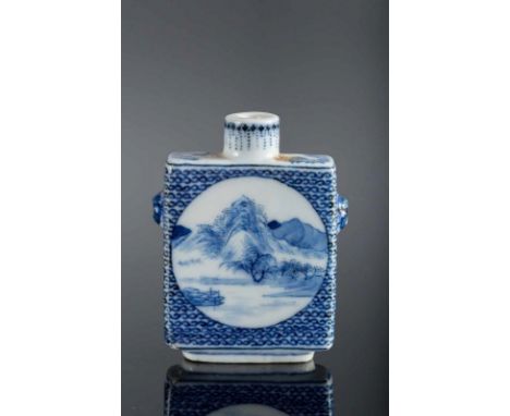  A blue and white porcelain snuff bottle painted with landscapes in cartouches and decorated with small masks forming handles