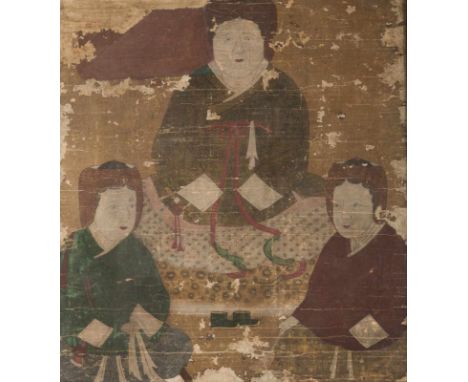  Painting on embroidered silk depicting a lady with attendants on each sideChina, possibly Tang dynastyCm 56,00 x 62,00 22.00