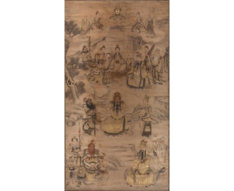  A large painting with several taoists and buddhist gods China, Qing dynasty, 19th century Cm 92,00 x 162,00 22.00 % buyer's 