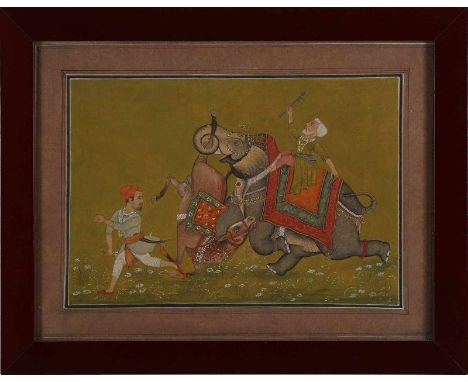  A miniature painting depicting a battle between a horse and an elephant India, 20th century Cm 29,00 x 21,00 22.00 % buyer's