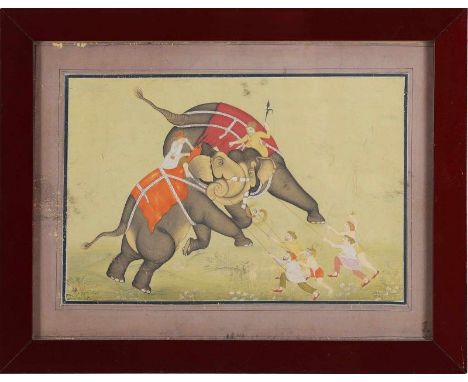  A paiting depicting a fight between two elephants directed by a mahoutIndia, 20th century Cm 29,00 x 21,00 22.00 % buyer's p