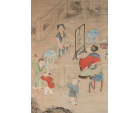  A large painting on paper depicting ladies and children playing outdoor China, Qing dynasty, 18th - 19th century Cm 78,50 x 